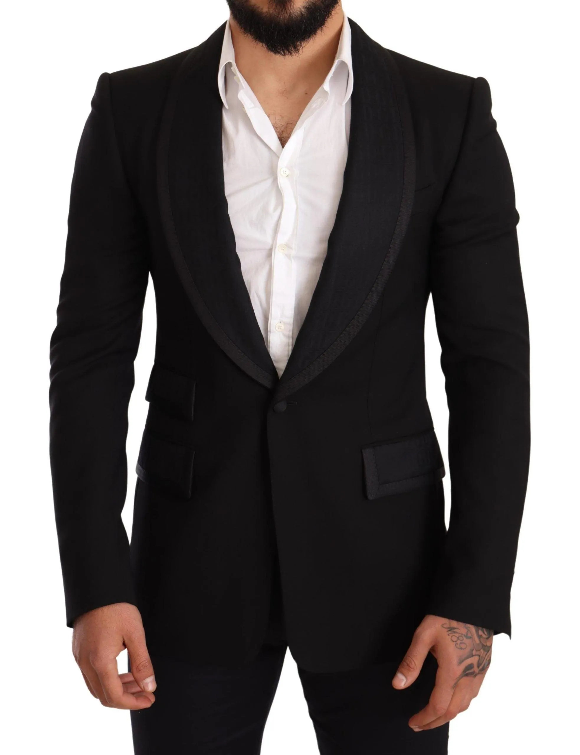 Dolce & Gabbana Black Slim Fit Wool Logo Coat Blazer
