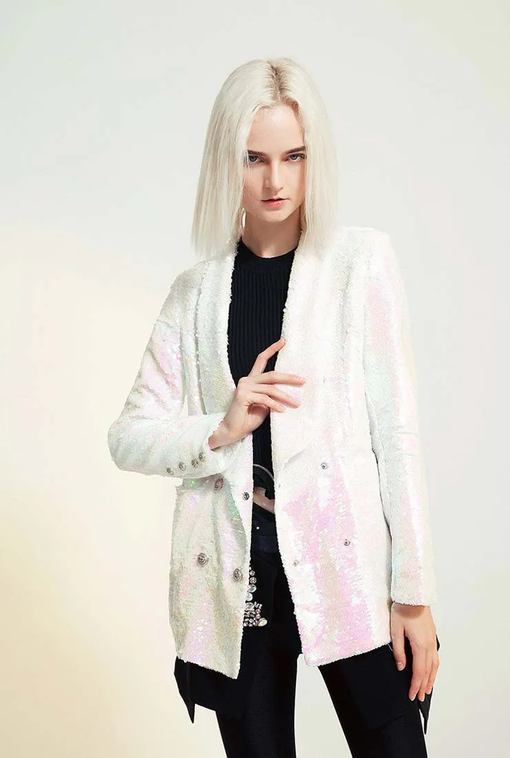 Double-breasted Pink Bling Sequined Blazer