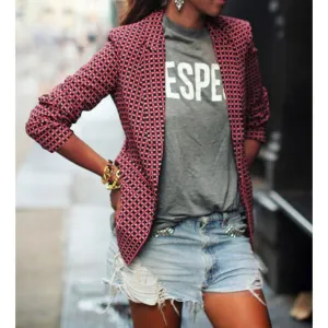 Fashion Red Plaid Long Sleeve Fitted Blazer Business Formal Office Suits