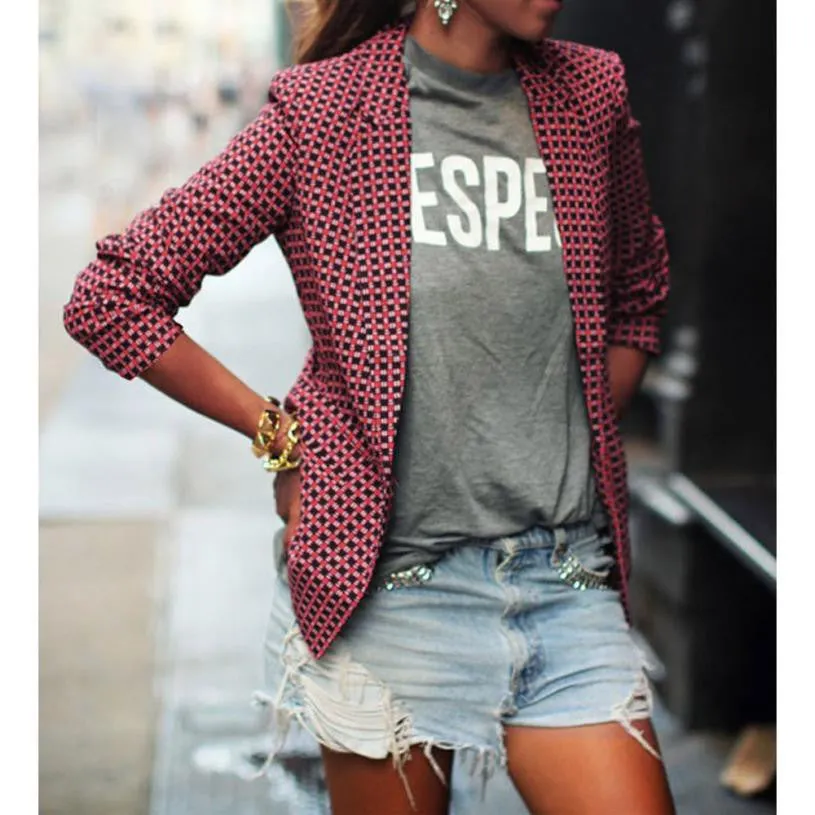 Fashion Red Plaid Long Sleeve Fitted Blazer Business Formal Office Suits