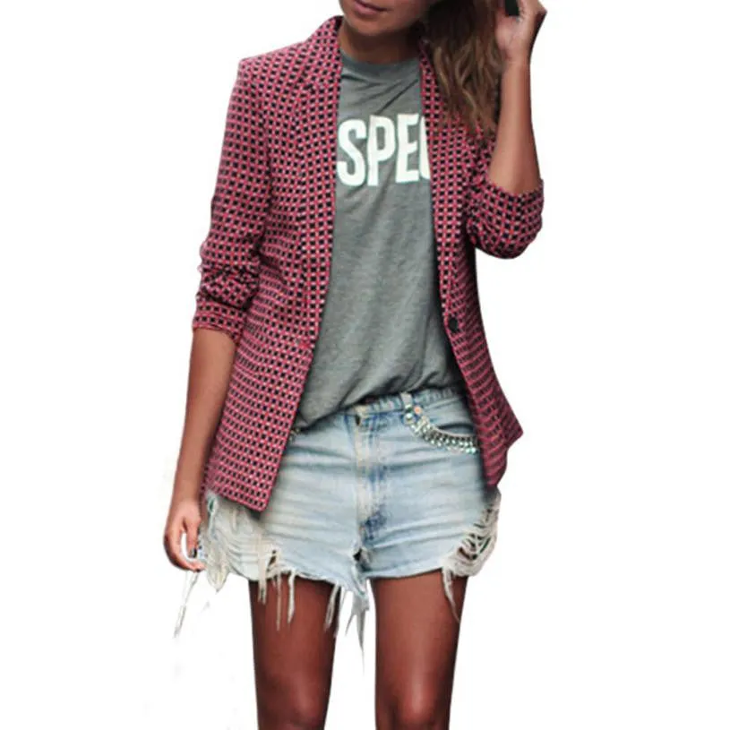 Fashion Red Plaid Long Sleeve Fitted Blazer Business Formal Office Suits