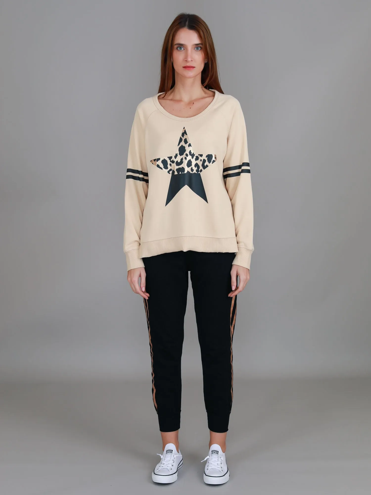 Ginger Leopard Print Splice Star Sweatshirt