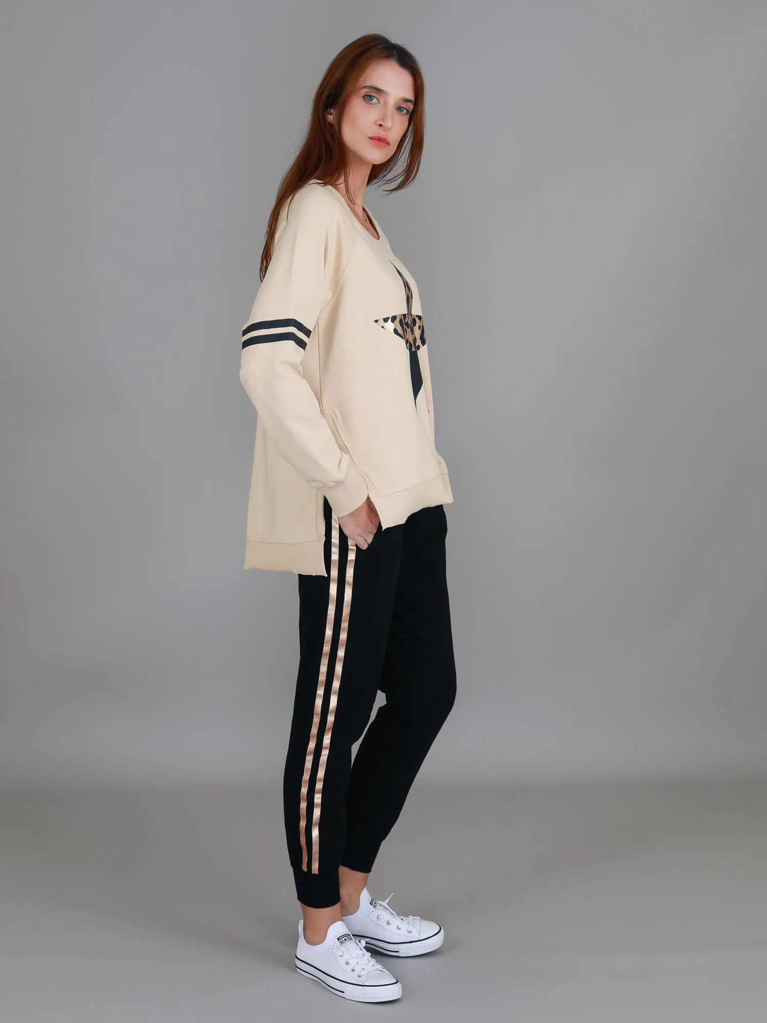 Ginger Leopard Print Splice Star Sweatshirt