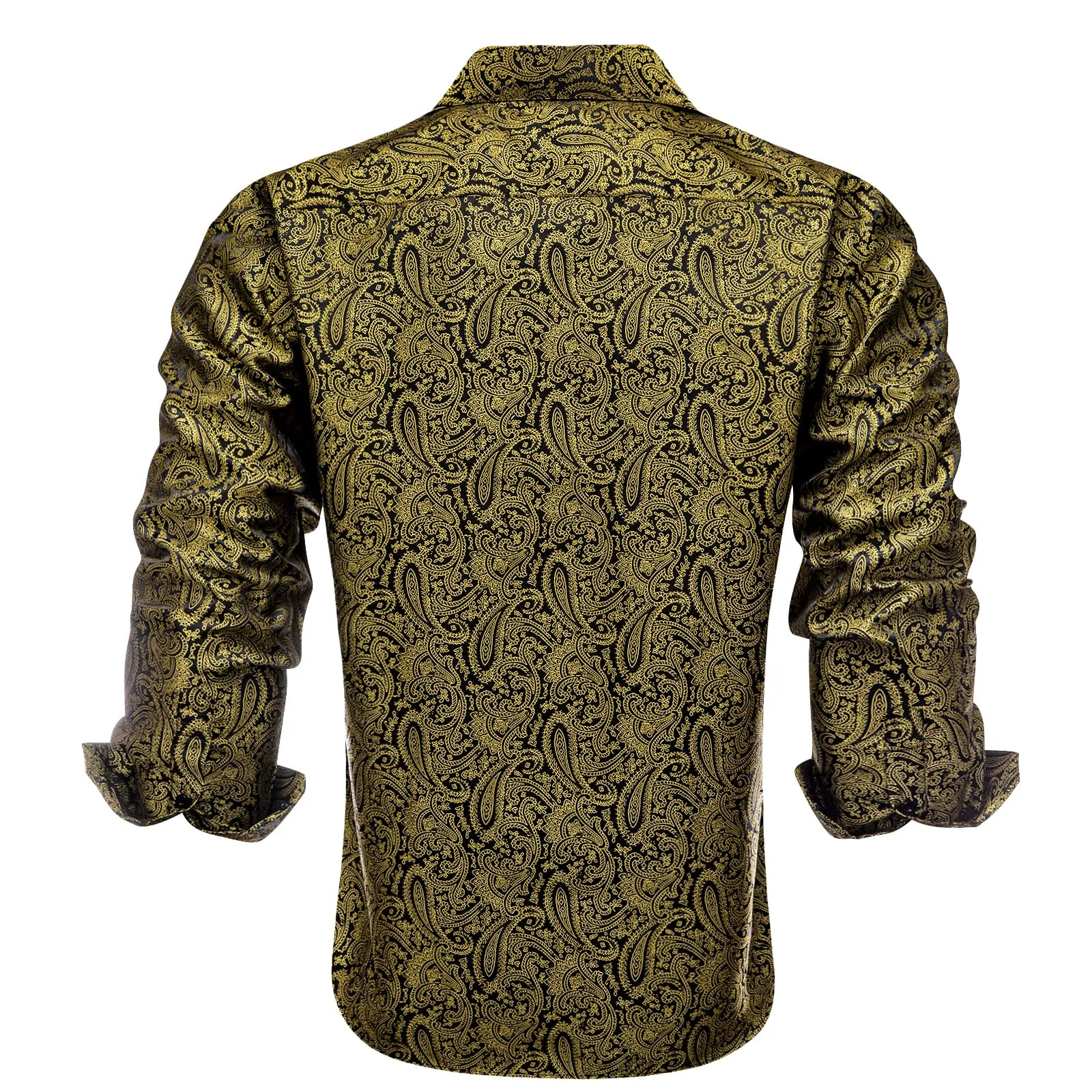 Hi-Tie Gold Black Shirt Jacquard Paisley Top Men's Long Sleeve Shirt