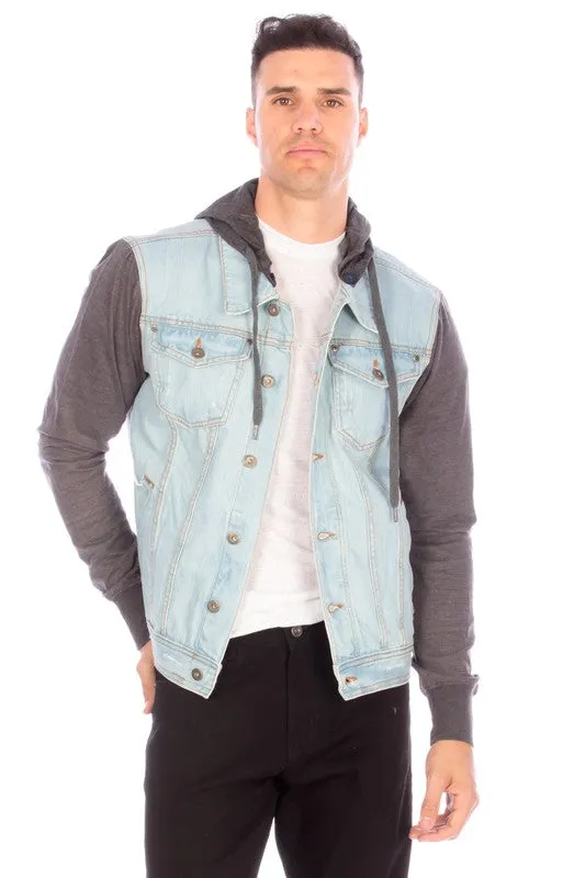 Hooded Denim Jacket in Light Blue