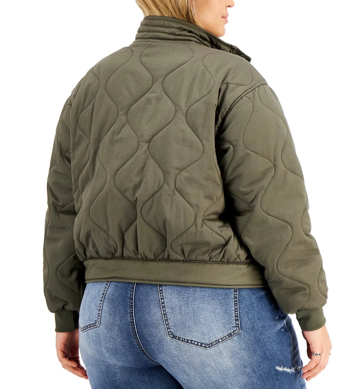 Jou Jou Women's Trendy Quilted Mock-Neck Coat Army Green Plus Size 3X