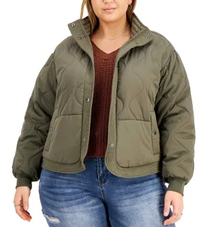 Jou Jou Women's Trendy Quilted Mock-Neck Coat Army Green Plus Size 3X