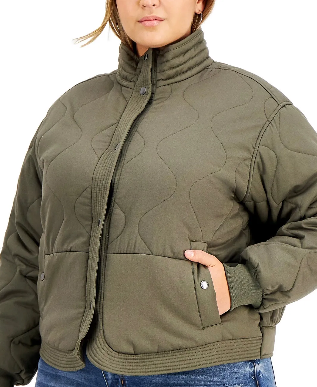 Jou Jou Women's Trendy Quilted Mock-Neck Coat Army Green Plus Size 3X