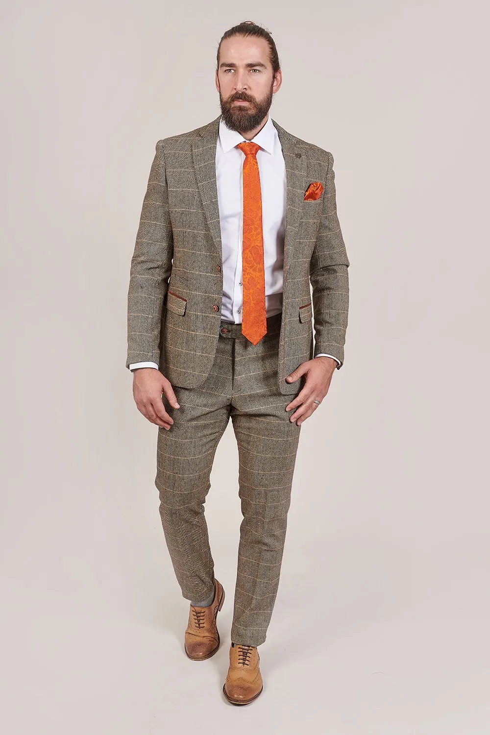 Marc Darcy Ted Tan Tweed Herringbone Check Trousers