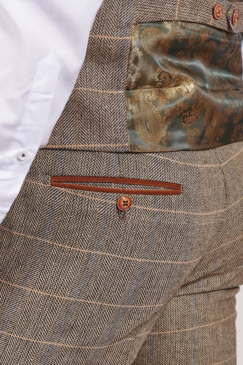 Marc Darcy Ted Tan Tweed Herringbone Check Trousers
