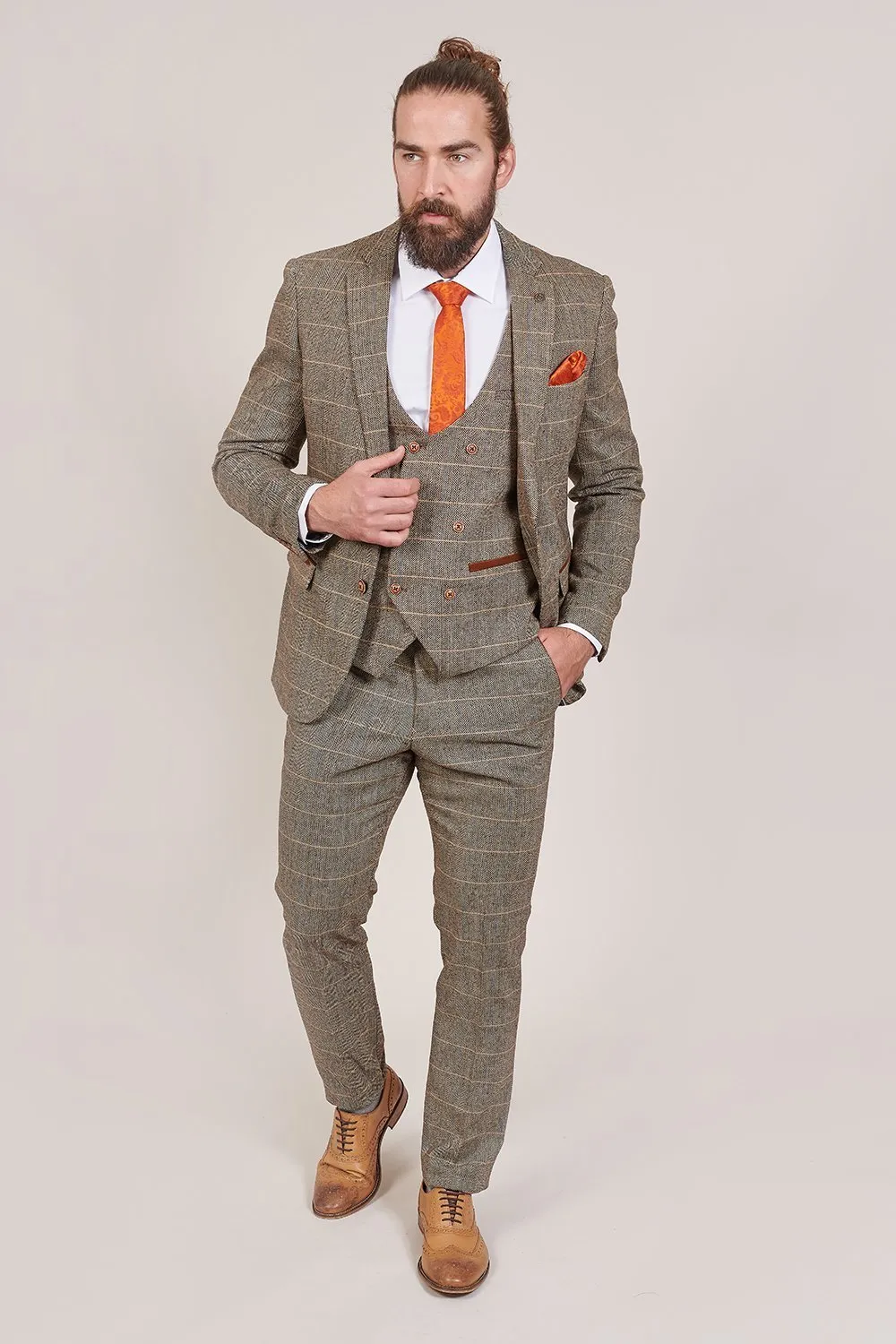 Marc Darcy Ted Tan Tweed Herringbone Check Trousers