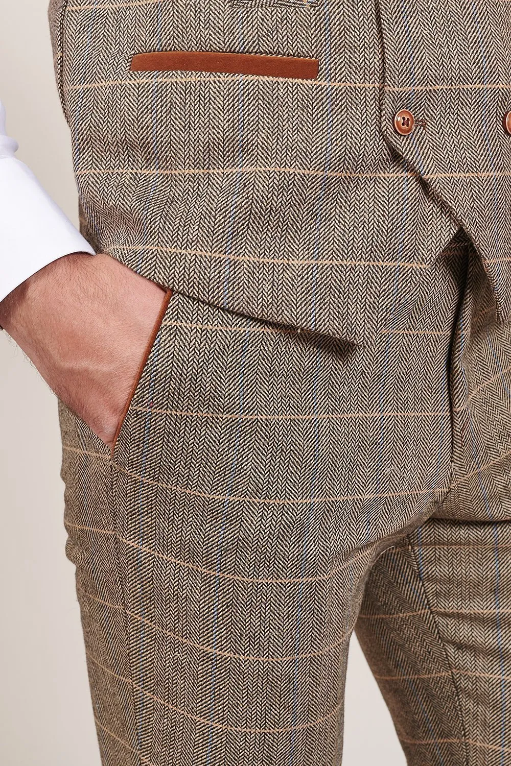 Marc Darcy Ted Tan Tweed Herringbone Check Trousers
