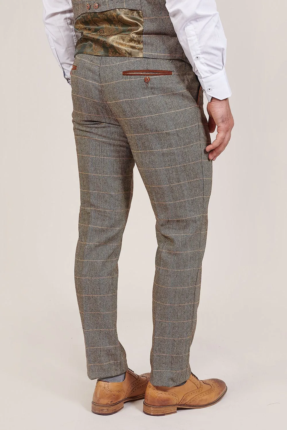 Marc Darcy Ted Tan Tweed Herringbone Check Trousers