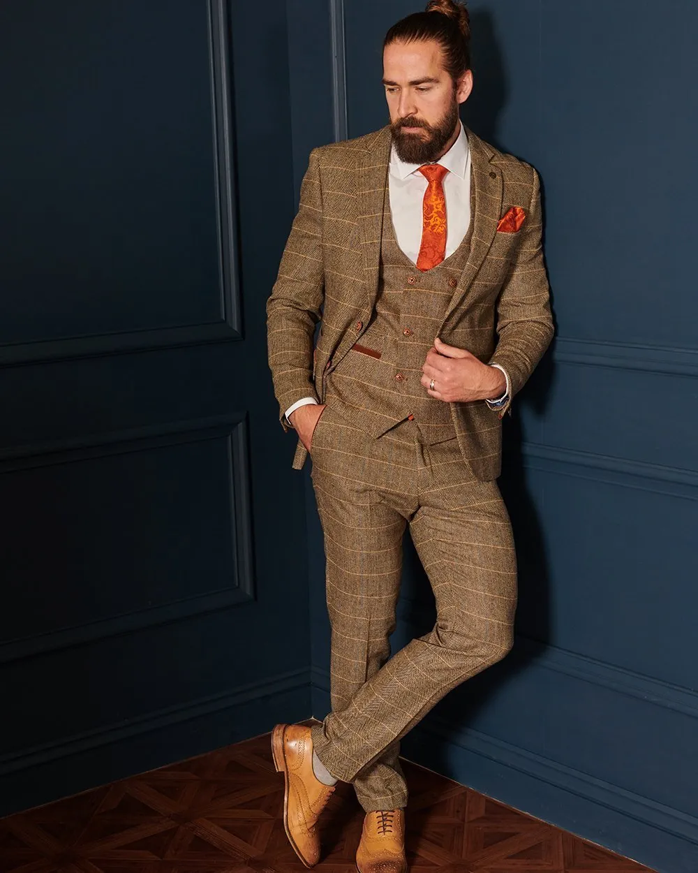 Marc Darcy Ted Tan Tweed Herringbone Check Trousers