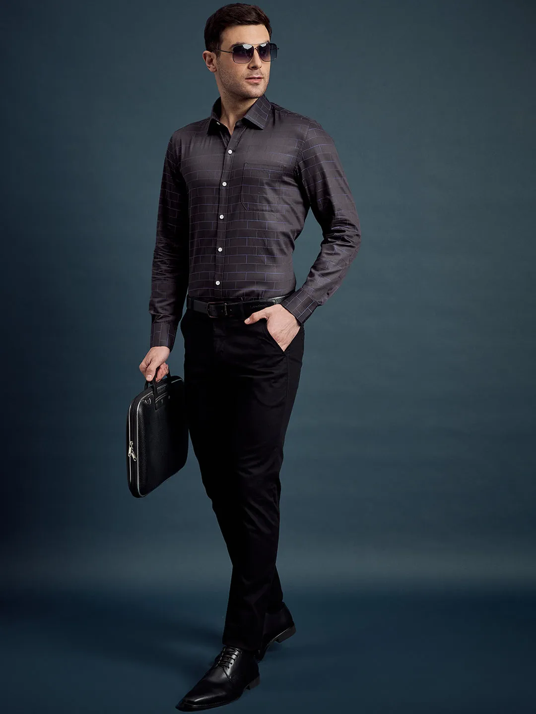 Men's Regular Fit Geometric Grey Formal Shirt