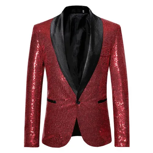 Men's Shiny Sequin Glitter Embellished Tuxedo Blazer Jacket