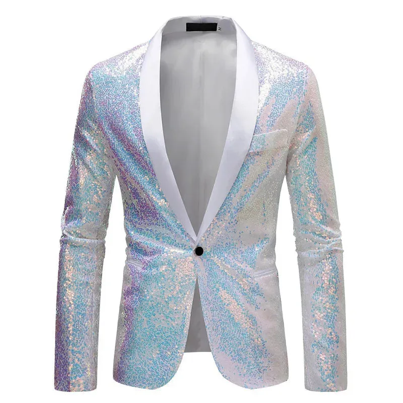 Men's Shiny Sequin Glitter Embellished Tuxedo Blazer Jacket
