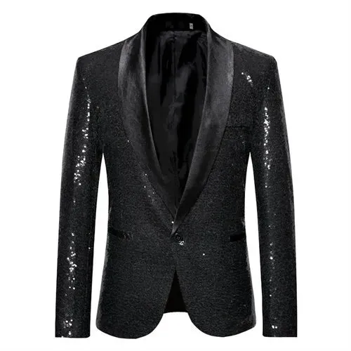 Men's Shiny Sequin Glitter Embellished Tuxedo Blazer Jacket