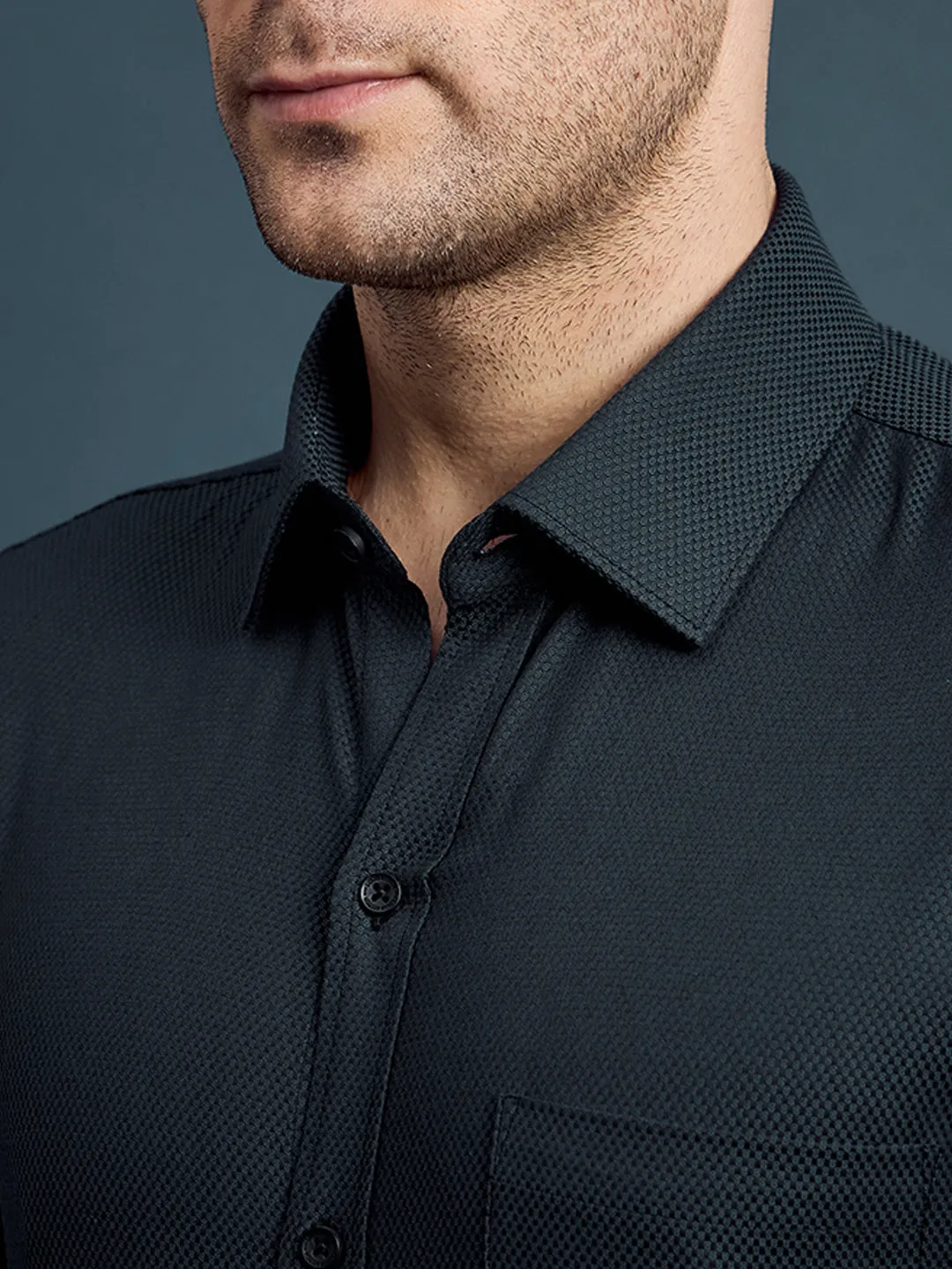 Men's Slim Fit Geometric Black Formal Shirt
