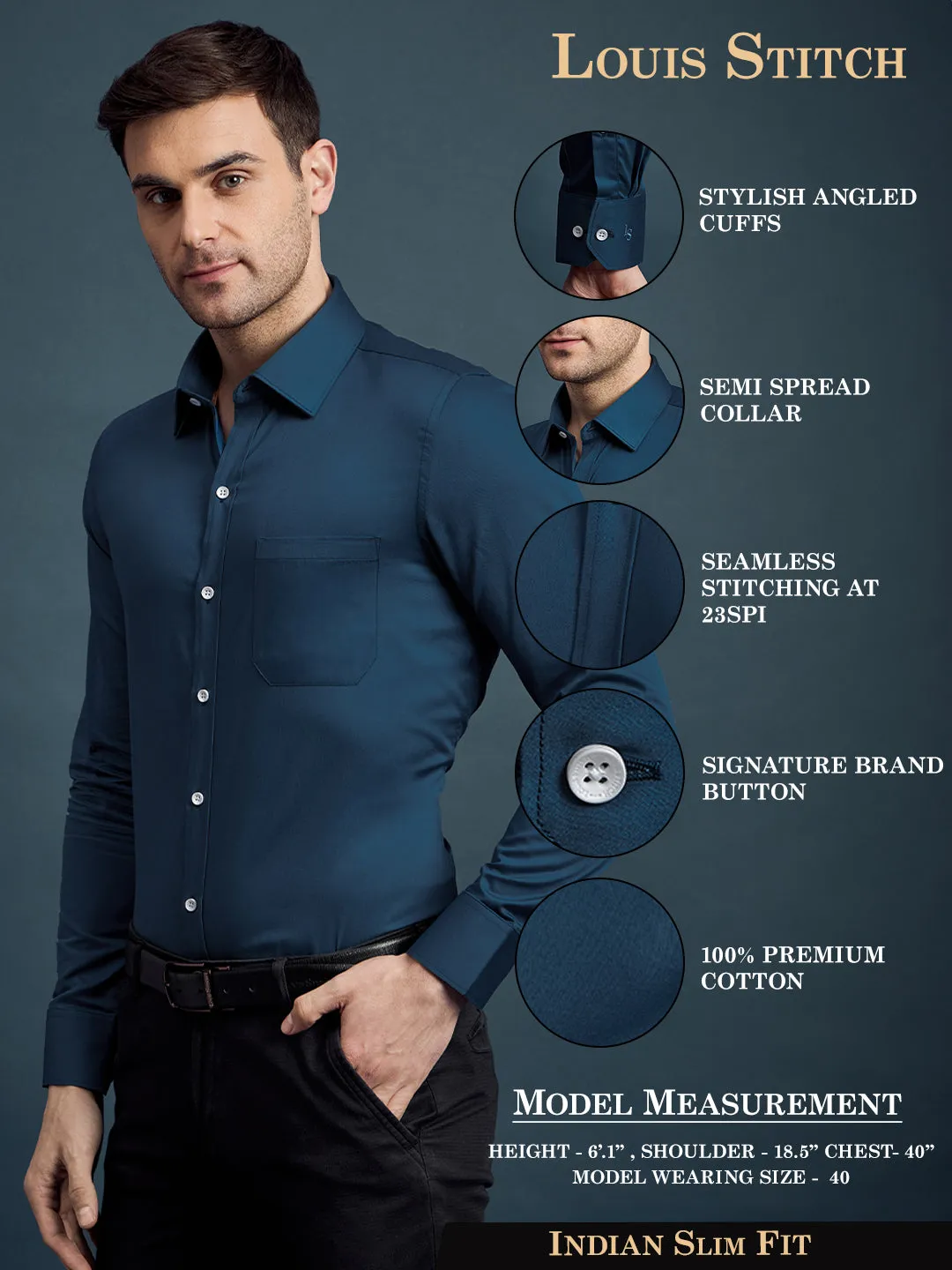 Men's Slim Fit Solid Teal Blue Formal Shirt