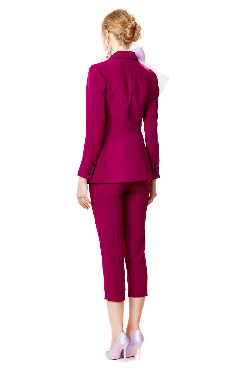 Mid Waist Capri Trousers With Double Breasted Blazer 2pcs Set In Plum Purple