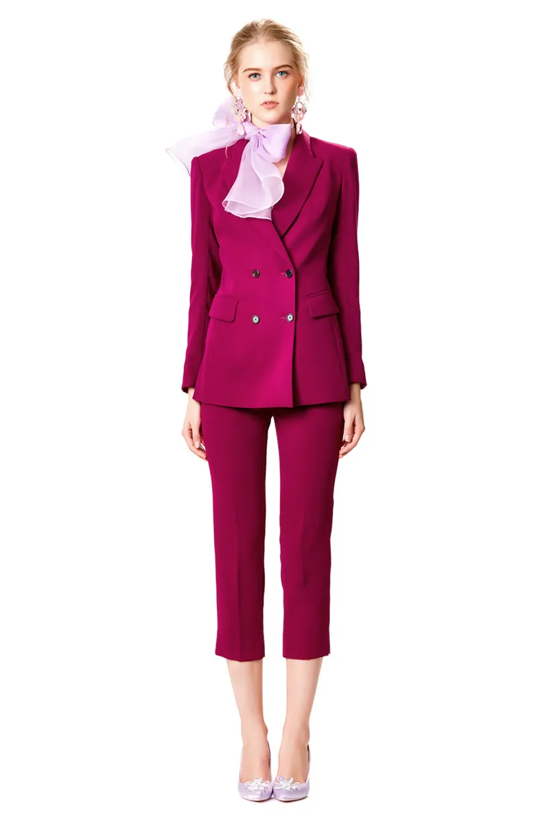 Mid Waist Capri Trousers With Double Breasted Blazer 2pcs Set In Plum Purple
