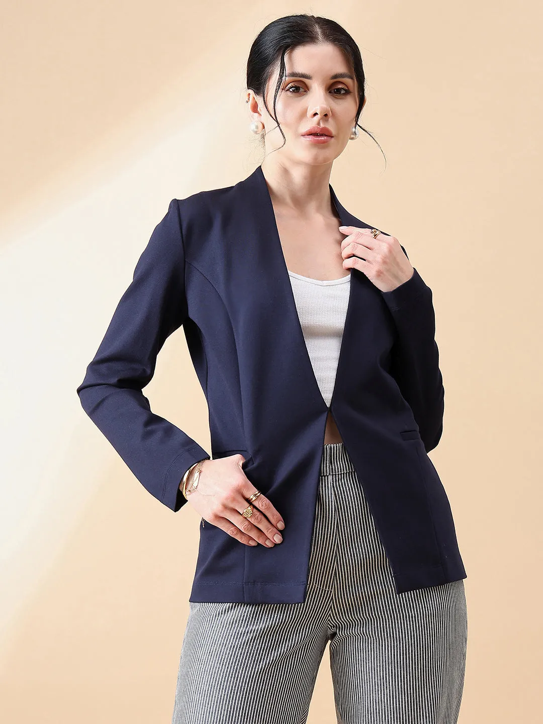 Navy Blue Polyester Lapel less Stretch Blazer