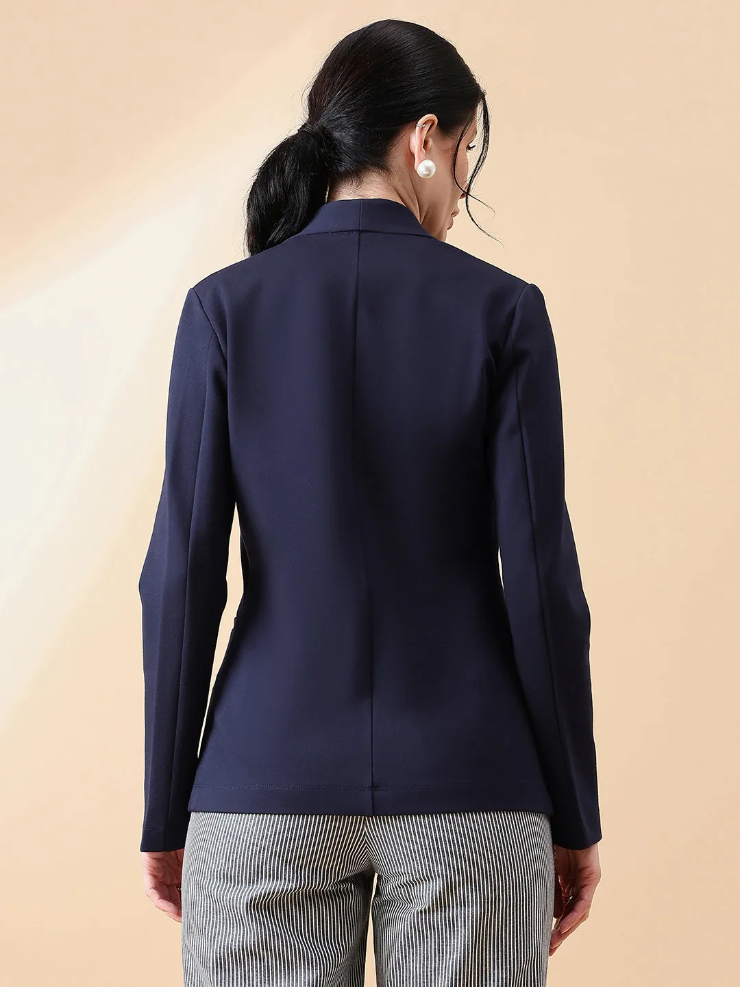 Navy Blue Polyester Lapel less Stretch Blazer