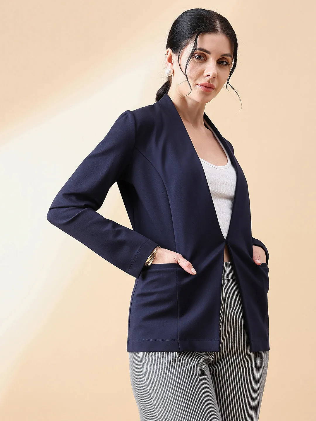 Navy Blue Polyester Lapel less Stretch Blazer