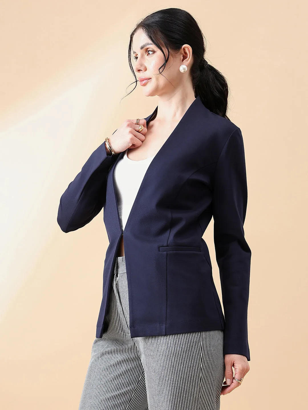 Navy Blue Polyester Lapel less Stretch Blazer