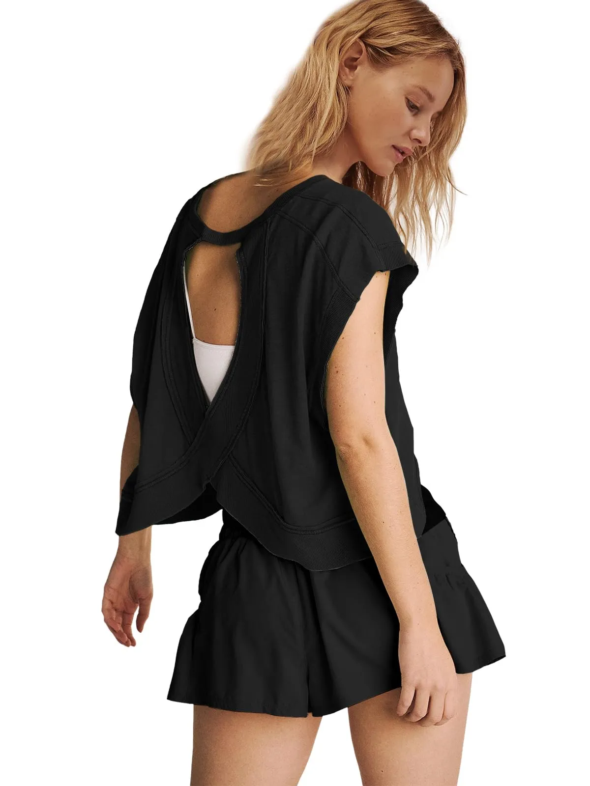 Panadila Womens Open Back Workout Top Oversized Workout T Shirts Backless Athletic Shirt Short Sleeve Baby Tee (Black,M)