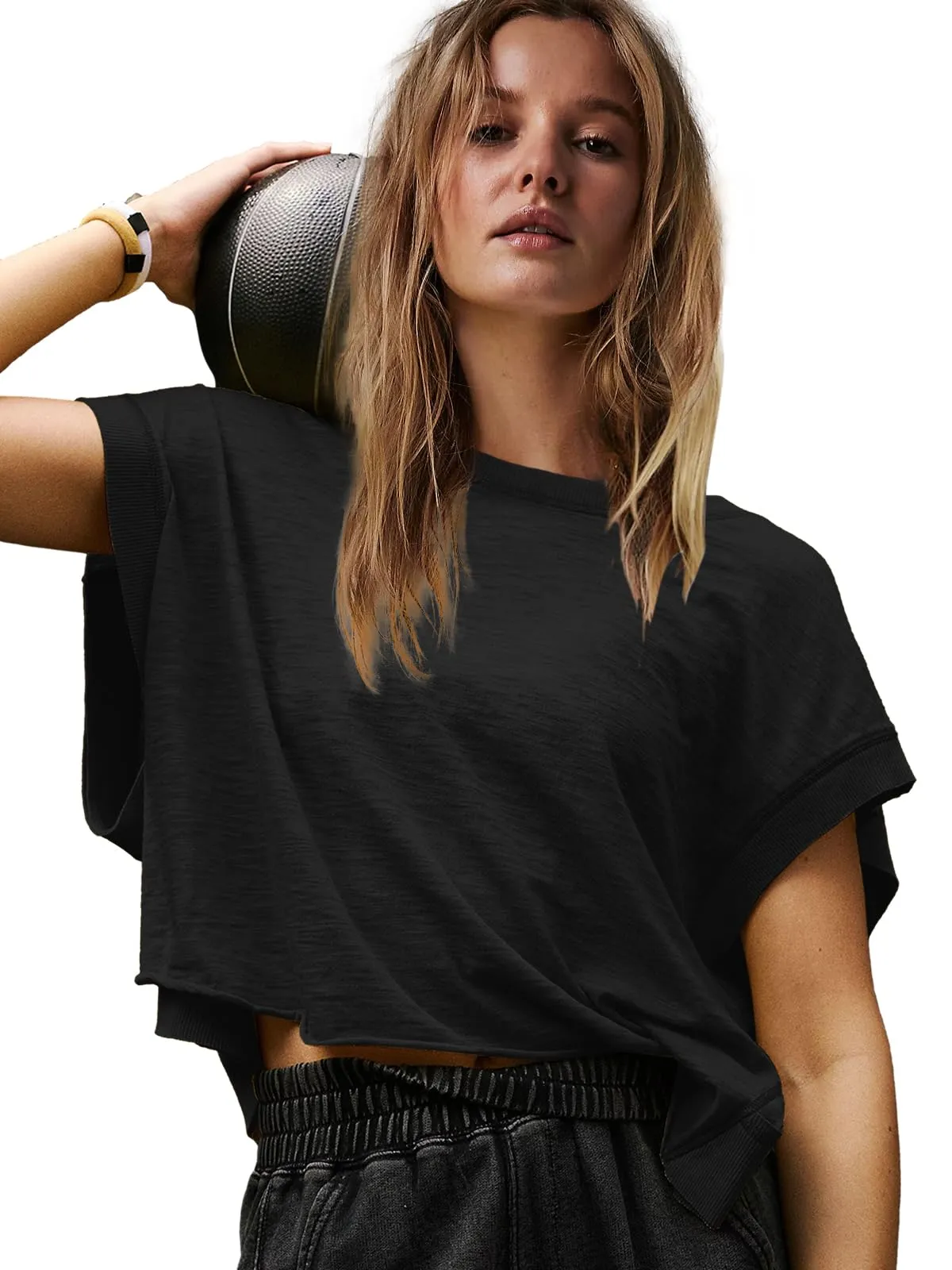 Panadila Womens Open Back Workout Top Oversized Workout T Shirts Backless Athletic Shirt Short Sleeve Baby Tee (Black,M)