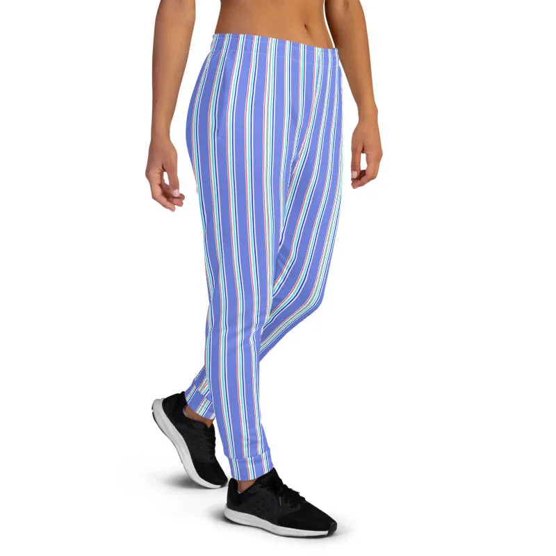Pastel Blue Striped Women's Joggers, Vertical Stripe Modern Cozy Sweatpants-Made in EU