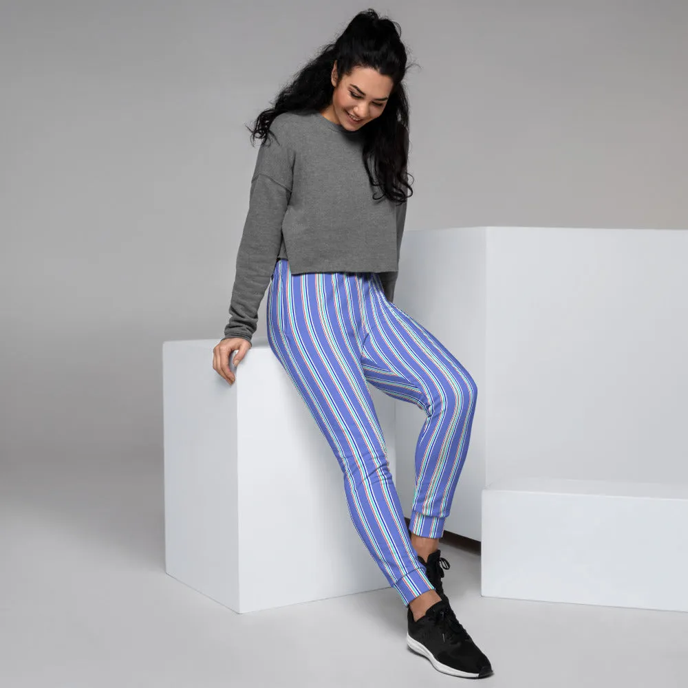 Pastel Blue Striped Women's Joggers, Vertical Stripe Modern Cozy Sweatpants-Made in EU