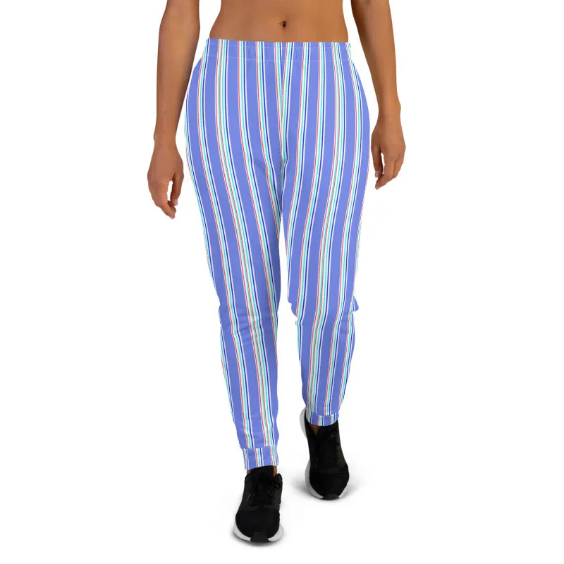 Pastel Blue Striped Women's Joggers, Vertical Stripe Modern Cozy Sweatpants-Made in EU