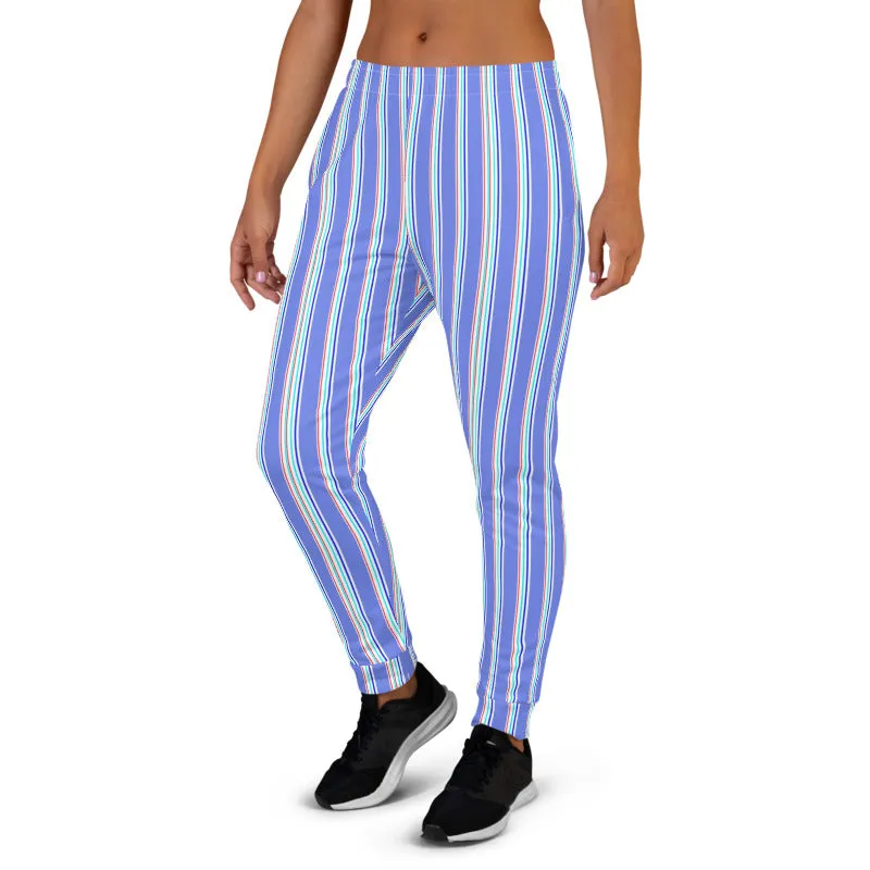 Pastel Blue Striped Women's Joggers, Vertical Stripe Modern Cozy Sweatpants-Made in EU