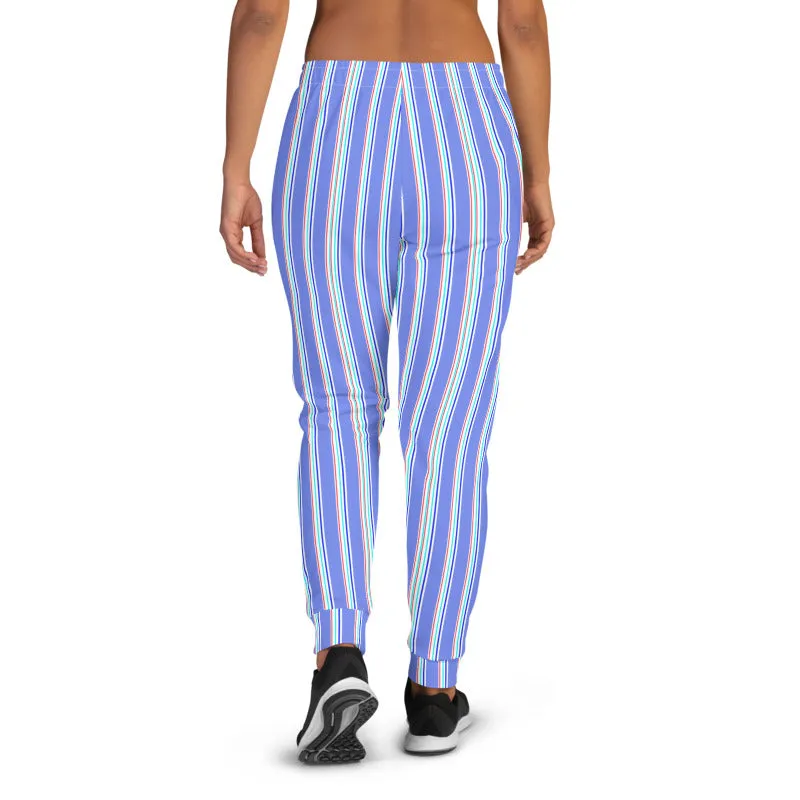 Pastel Blue Striped Women's Joggers, Vertical Stripe Modern Cozy Sweatpants-Made in EU