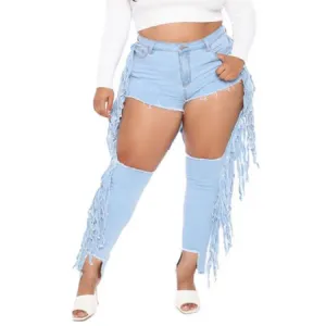 Plus Size Women's Fringed Jeans Big Hole Ripped Pencil Pants