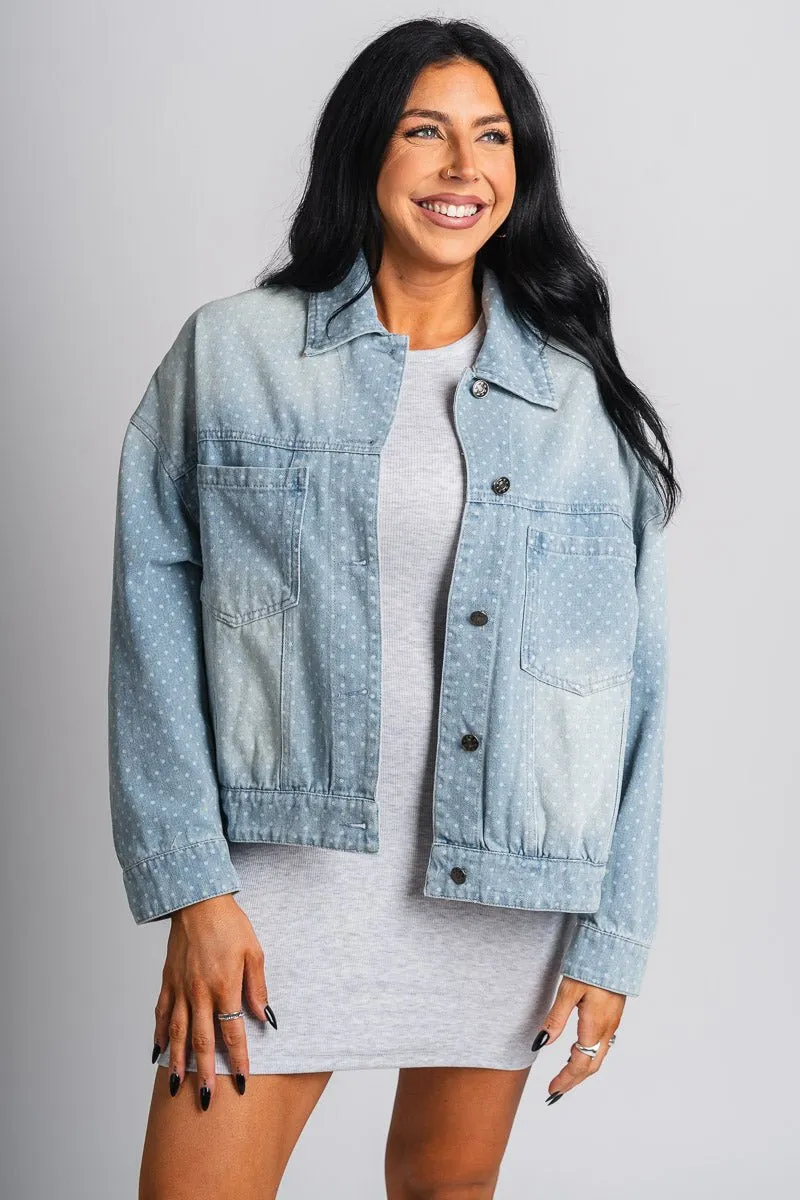Polka dot denim jacket light blue