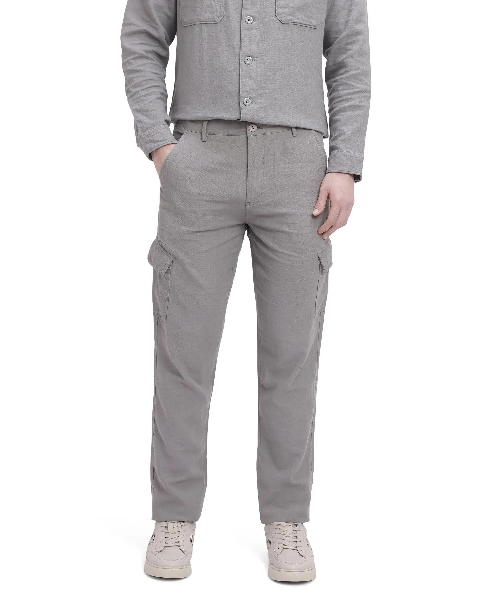 Rare Rabbit Men Presso Light Grey  Double Layer Twill Mid Rise Cargo Style Plain Trouser
