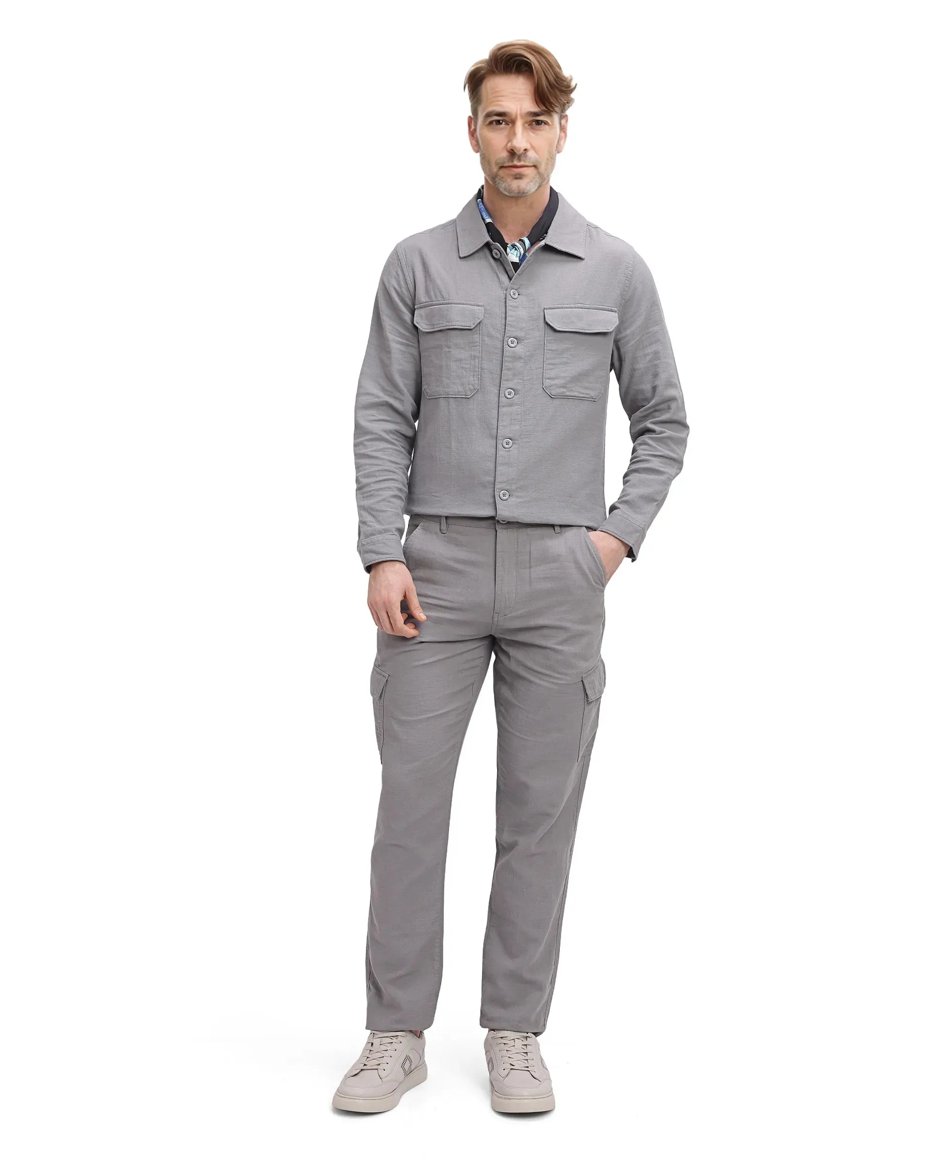 Rare Rabbit Men Presso Light Grey  Double Layer Twill Mid Rise Cargo Style Plain Trouser