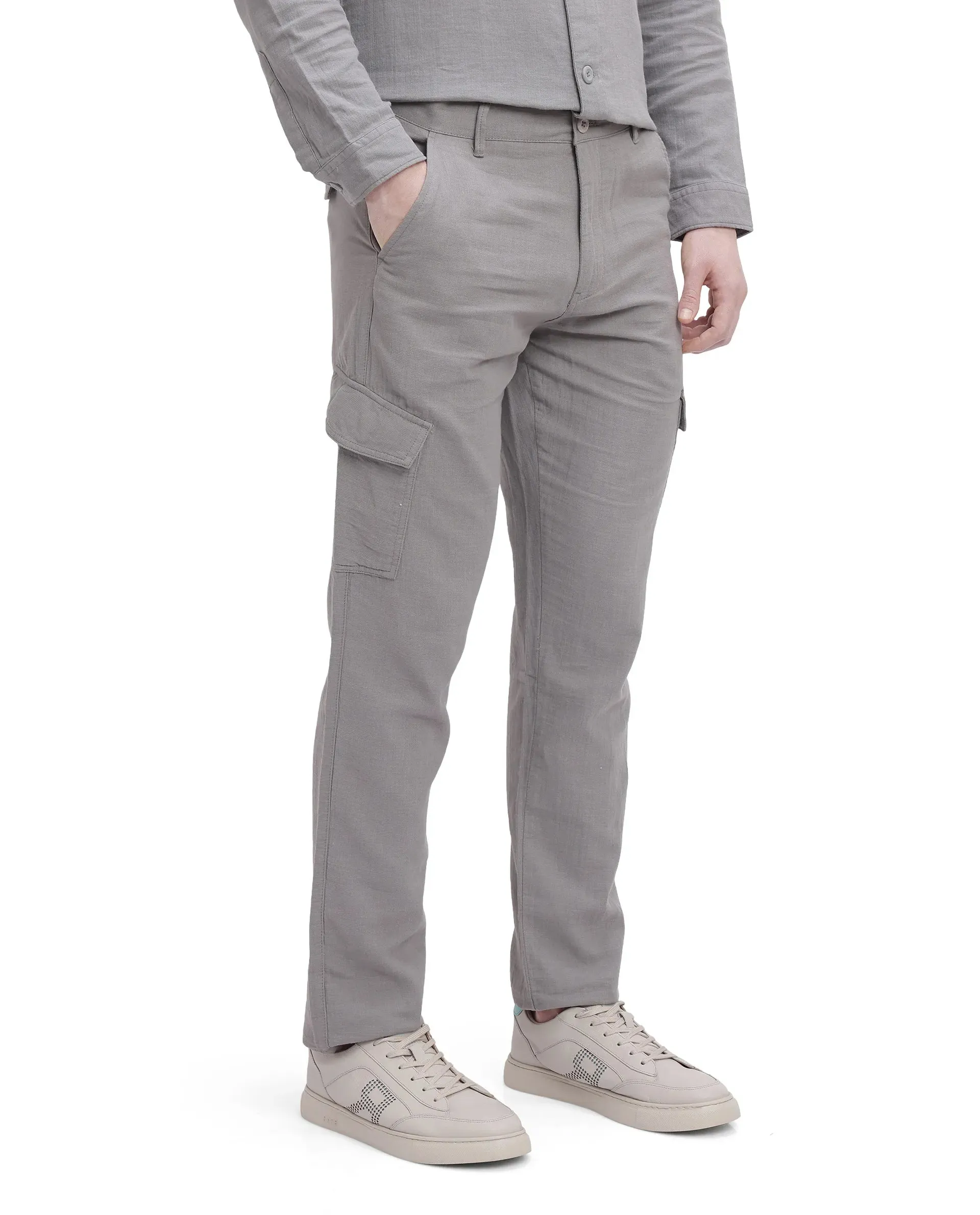 Rare Rabbit Men Presso Light Grey  Double Layer Twill Mid Rise Cargo Style Plain Trouser