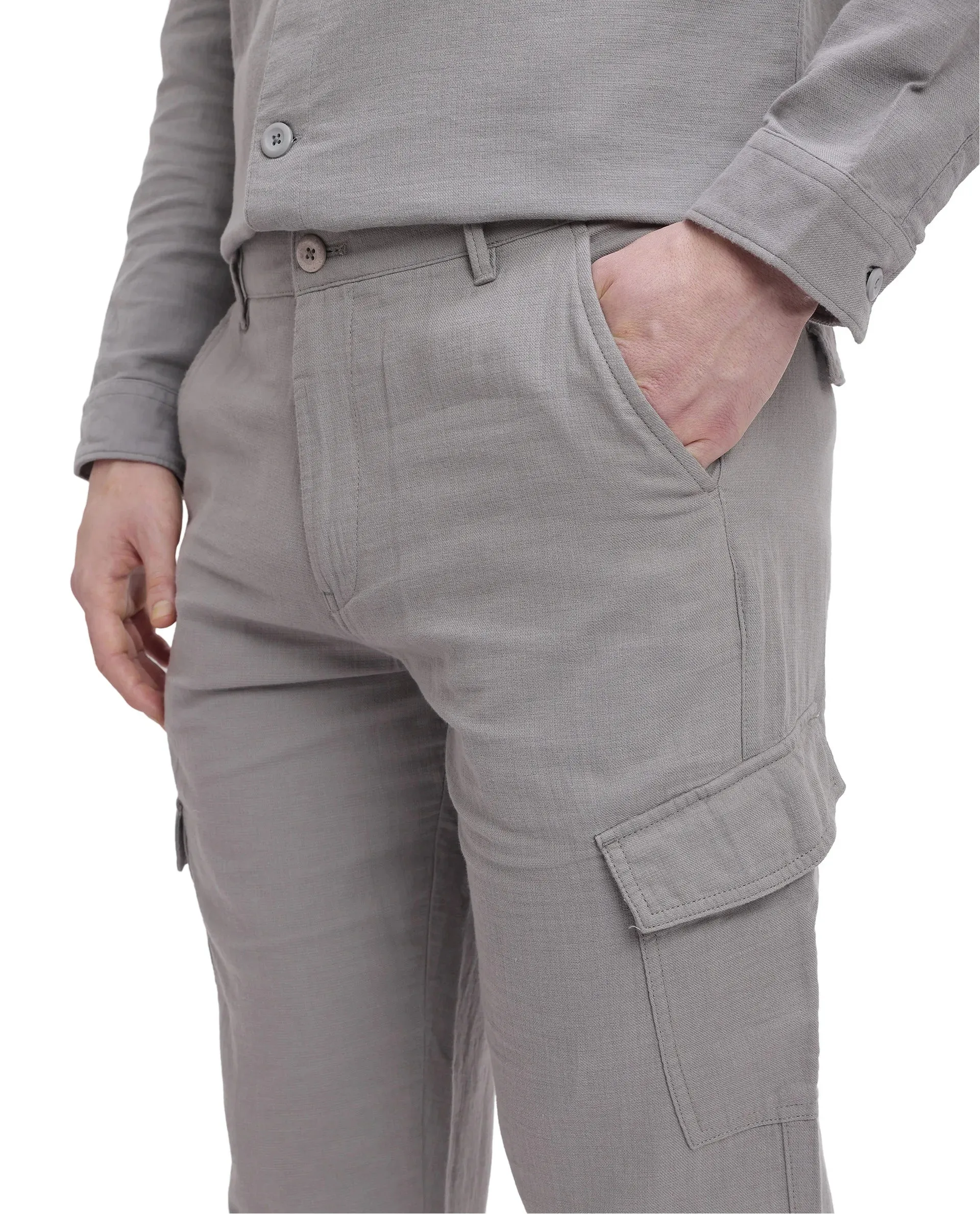 Rare Rabbit Men Presso Light Grey  Double Layer Twill Mid Rise Cargo Style Plain Trouser