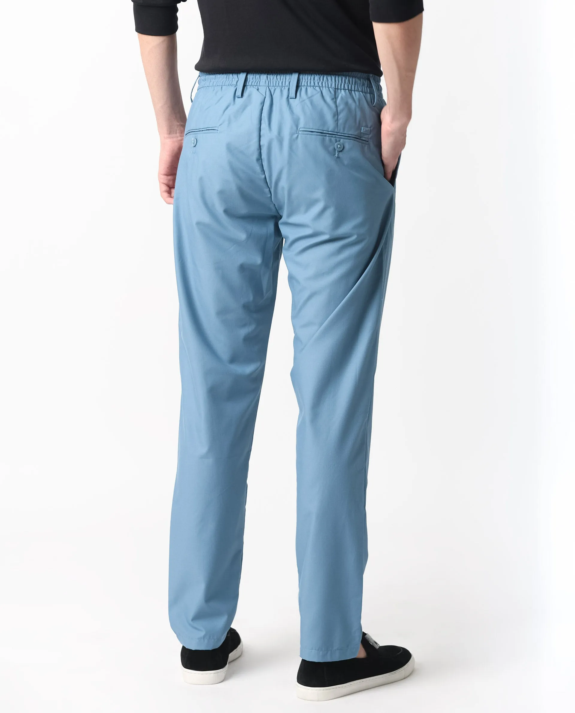 Rare Rabbit Men's Aux Blue Solid Mid-Rise Regular Fit With Drawstring And Elastic Waistband Trouser