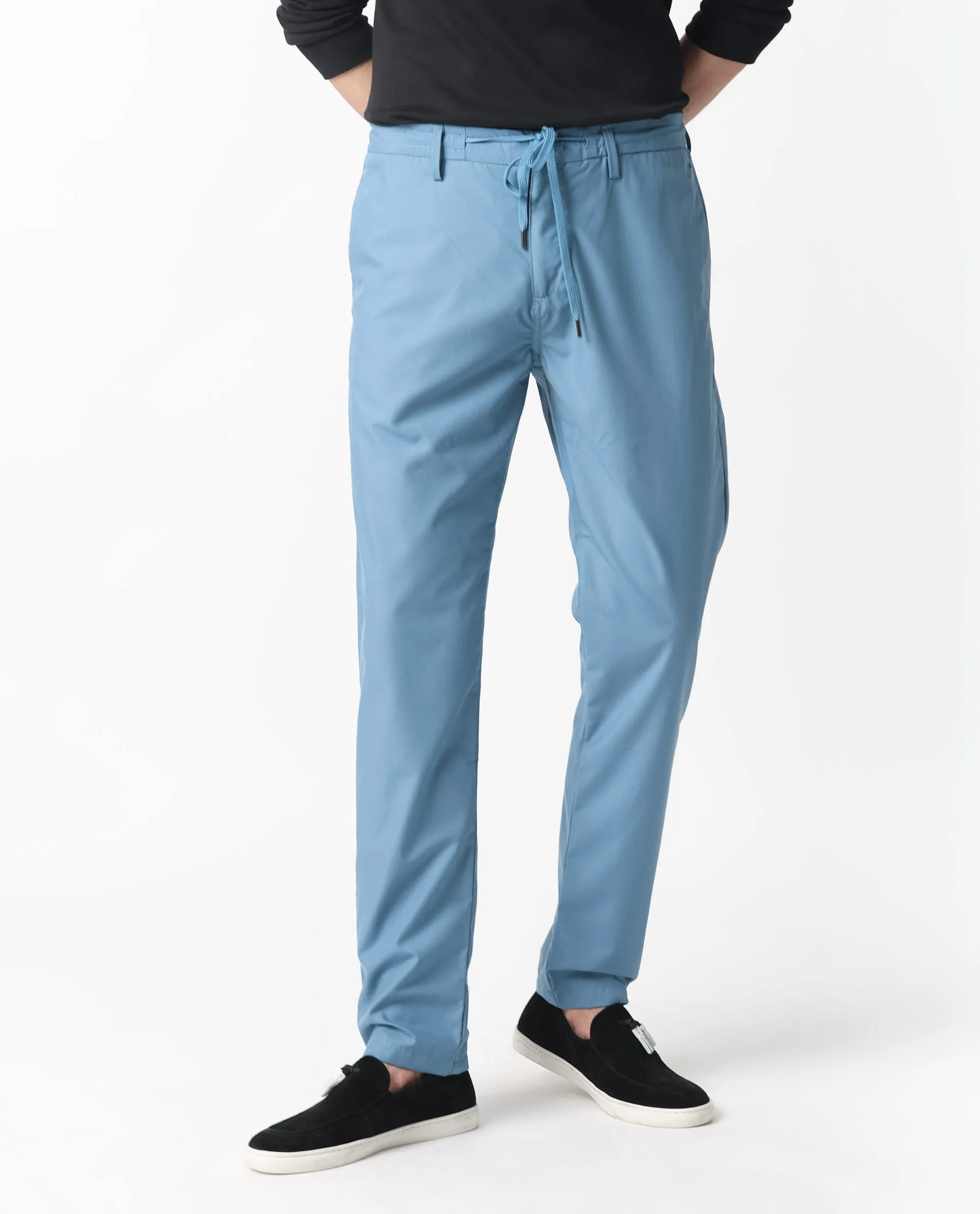 Rare Rabbit Men's Aux Blue Solid Mid-Rise Regular Fit With Drawstring And Elastic Waistband Trouser