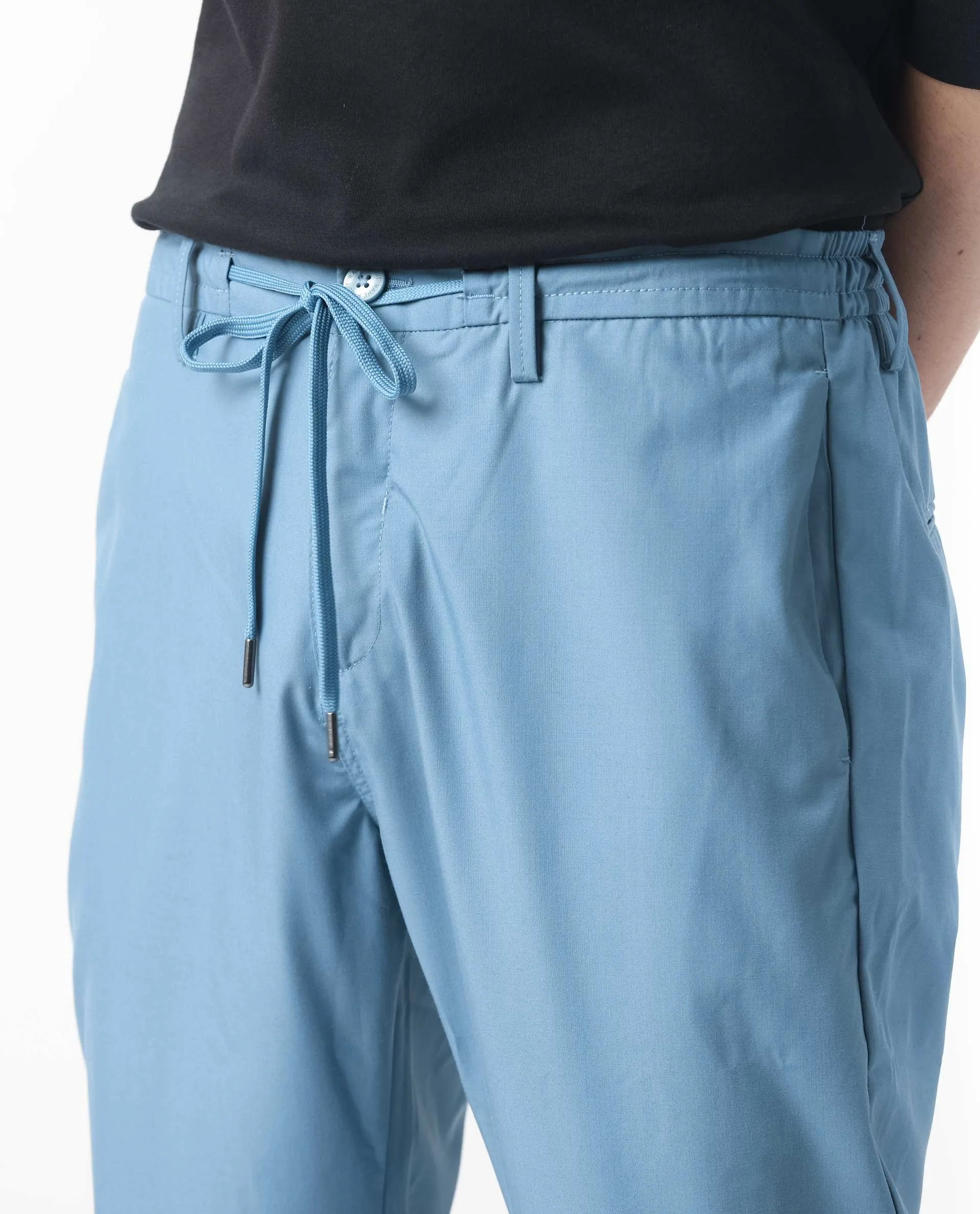 Rare Rabbit Men's Aux Blue Solid Mid-Rise Regular Fit With Drawstring And Elastic Waistband Trouser