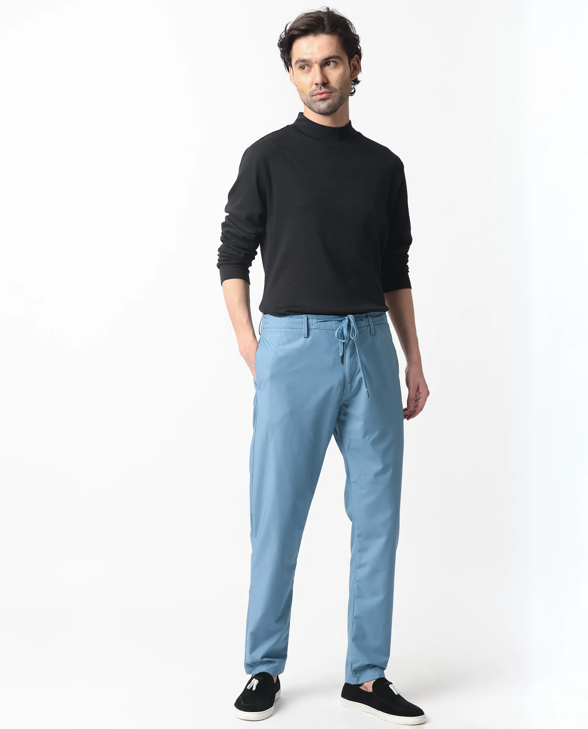 Rare Rabbit Men's Aux Blue Solid Mid-Rise Regular Fit With Drawstring And Elastic Waistband Trouser