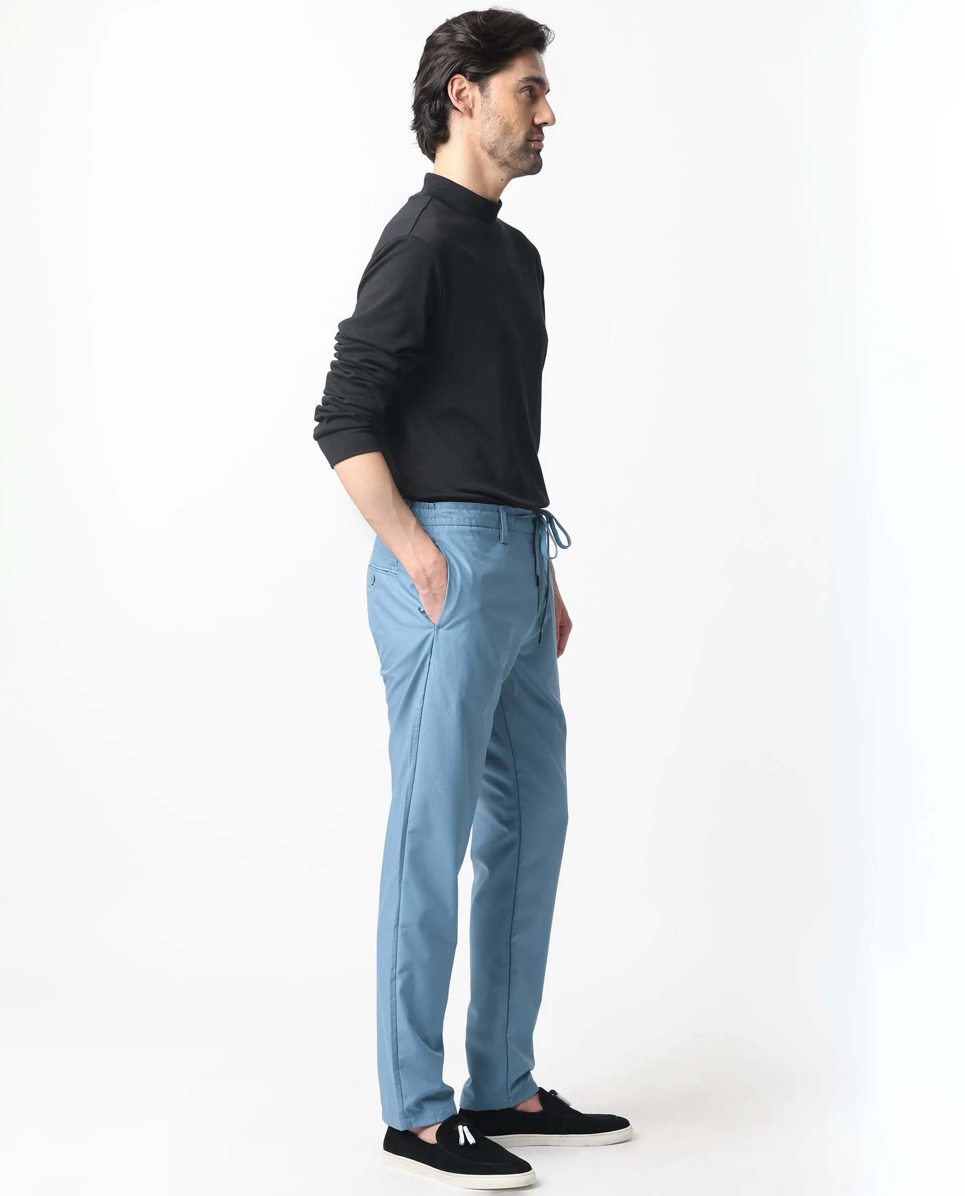 Rare Rabbit Men's Aux Blue Solid Mid-Rise Regular Fit With Drawstring And Elastic Waistband Trouser