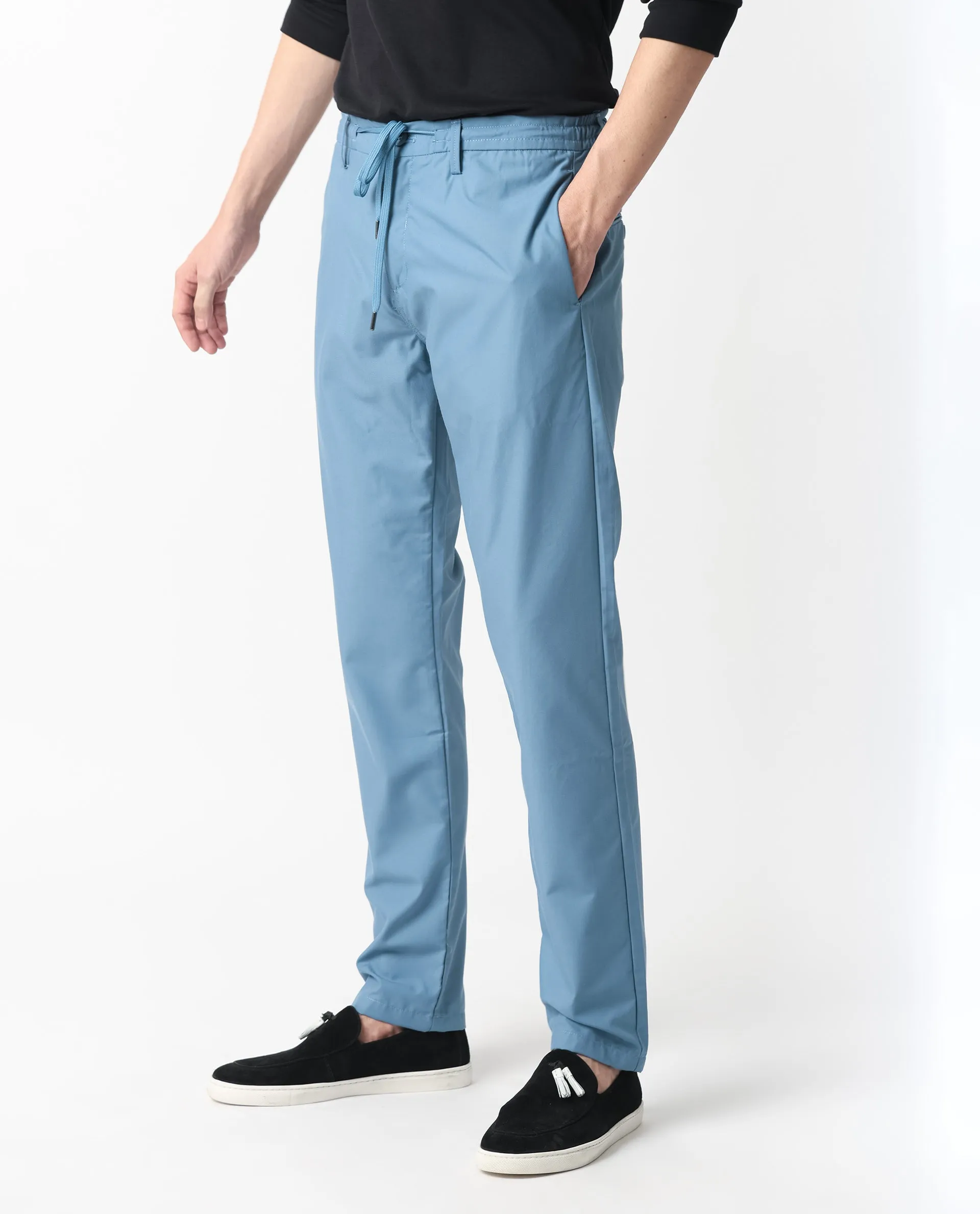 Rare Rabbit Men's Aux Blue Solid Mid-Rise Regular Fit With Drawstring And Elastic Waistband Trouser