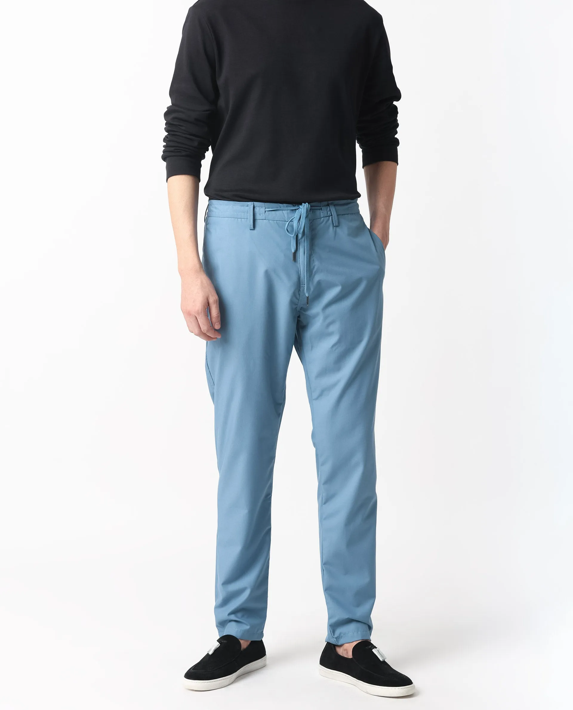 Rare Rabbit Men's Aux Blue Solid Mid-Rise Regular Fit With Drawstring And Elastic Waistband Trouser